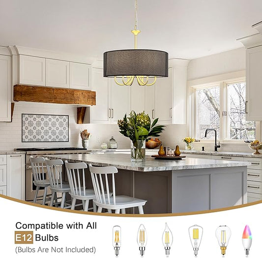 6-Light Gold Drum Chandelier, 18'' Farmhouse Dining Room Light Fixture Black Linen Drum Chandelier, Brass Round Chandelier Hanging Pendant Light for Bedroom Living Room Kitchen Foyer