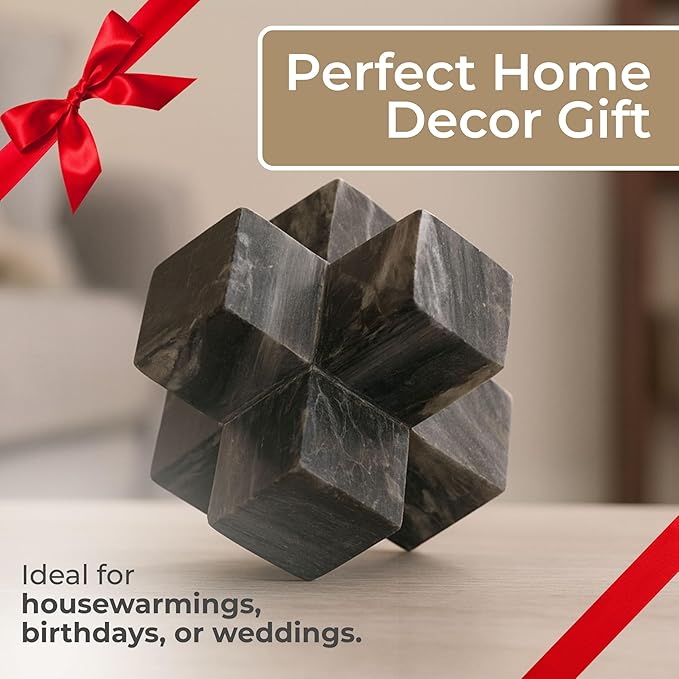 Geometric Cube Decorative Object – Marble Sculpture Modern Home Decor Ornament – Shelf Styling & Coffee Table Decor for Bathroom, Office & Living Room – 7", Gray