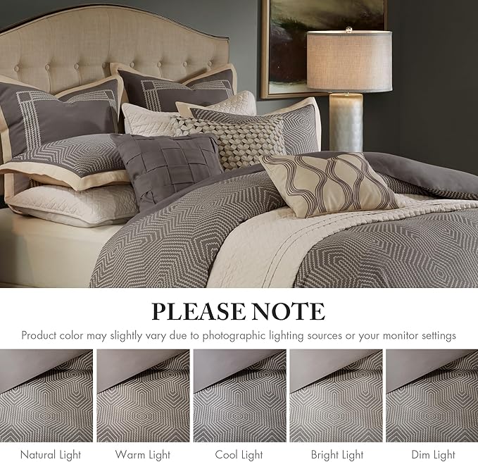 Madison Park Signature Cozy Comforter Set - All Season Bedding Combo Filled Insert and Removable Duvet Cover, Shams, Decorative Pillows, King (110 in x 96 in), Geometric Grey 10 Piece