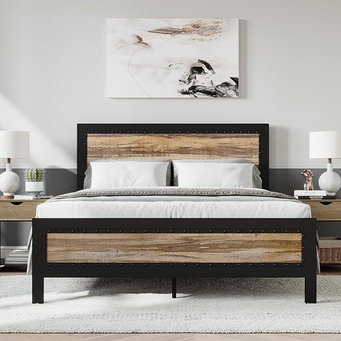 SHA CERLIN Heavy Duty Full Size Bed Frame, Metal Platform Base with Rivet Wooden Headboard Footboard, 13 Strong Steel Slats Support, No Box Spring Needed, Mattress Foundation