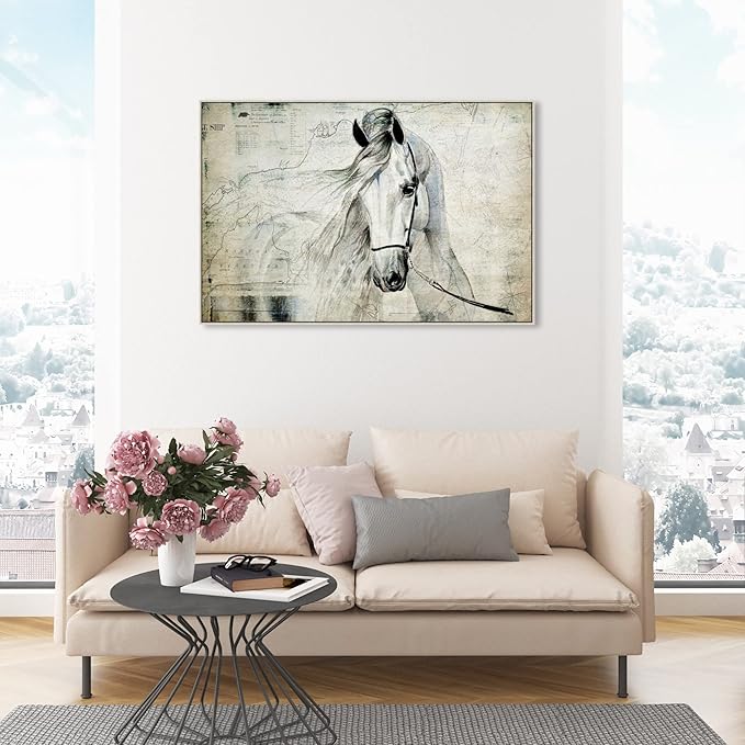 Country Farmhouse Canvas Print Painting Animal Wall Art 'Southern White Horse' Champagne Framed Canvas Rustic Home Décor 45x30 in Gray, Brown by Oliver Gal