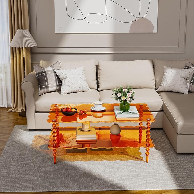 Acrylic Coffee Table, 2-Tier Living Room Table with Storage, Center Table Mid-Modern Century for Living Room, Easy to Assemble (Orange, 37.8“×23.6“×15.7”)