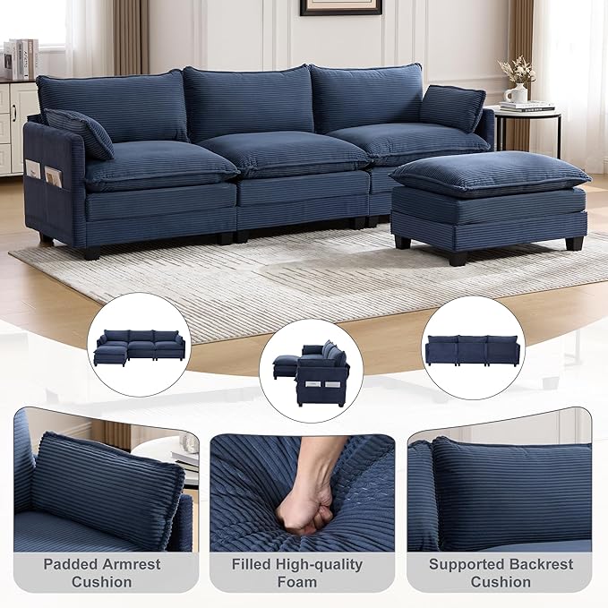 103" Oversized Modular Sectional Sofa Couch with Reversible Ottoman, Free Combination Convertible Corner Couch,Corduroy Upholstered Cloud Sectional Couch with Side Pockets | Multiple Cushions, DIY Combination, Removable Cover