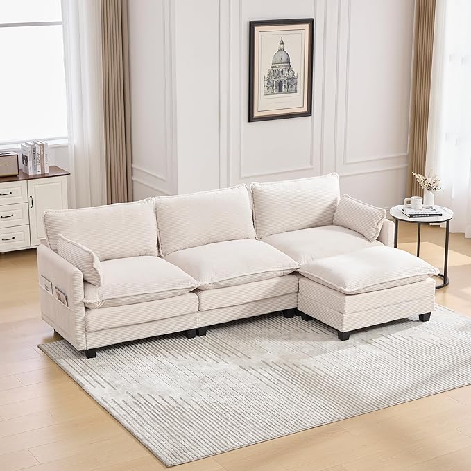 103" Oversized Modular Sectional Sofa Couch with Reversible Ottoman, Free Combination Convertible Corner Couch,Corduroy Upholstered Cloud Sectional Couch with Side Pockets | Multiple Cushions, DIY Combination, Removable Cover