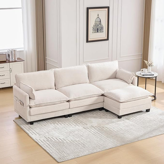 103" Oversized Modular Sectional Sofa Couch with Reversible Ottoman, Free Combination Convertible Corner Couch,Corduroy Upholstered Cloud Sectional Couch with Side Pockets | Multiple Cushions, DIY Combination, Removable Cover