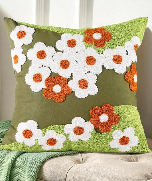 Embroidered Throw Pillow Cover - 18x18 Decorative Pillow Cover with Zipper Aesthetic Cute Design Boho Spring Summer Cozy Throw Pillowcase for Living Room Couch Sofa Bed, Green Flowers
