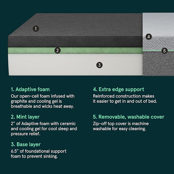 Tuft & Needle Mint Medium Firm Twin XL Size Adaptive Foam Mattress in a Box, Cooling Pressure Relief, Supportive, 100 Night Trial, Fiberglass-Free, CertiPUR-US, 10-Year Limited Warranty