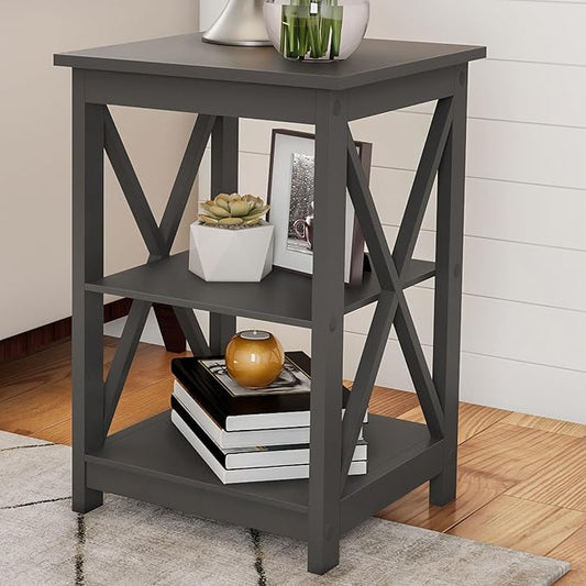 Side Tables with Two Shelves – Set of 2 Contemporary Nightstands with X-Legs – Wooden End Table Pair for Living Room or Bedroom by Lavish Home (Gray)
