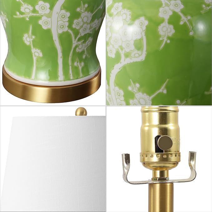 JONATHAN Y 29.5" Green/White Traditional Ceramic Ginger Jar Table Lamp for Living Room, Chinoiserie Asian Bedside Lamp with White Linen Shade and LED Bulb Included (JYL3047B)