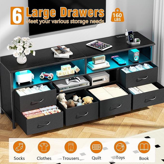 Furologee 55" LED TV Stand for Bedroom, Entertainment Center with 6 Fabric Drawers for 50 55 60 Inch TVs, Dresser TV Stand Console Media Table with Power Outlets for Living Room, Black