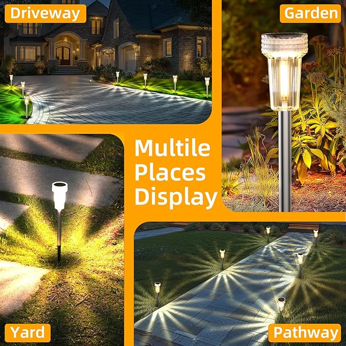 DERAYSION 12 Pack Solar Pathway Lights Outdoor, Auto Dusk-to-Dawn Landscape Garden Lighting, Waterproof Stainless Steel Pole Lighting for Path, Yard, Walkway, Garden, Driveway Decor - Warm White