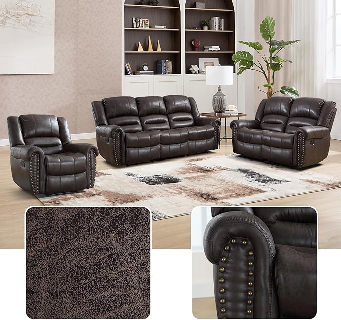EBELLO Recliner Sofa Furniture Set for Living Room, Faux Leather Recliner Chair, Manual Loveseat, 3 Seat Recliniing Sofa Couch Set Vintage Rivet Mid-Century Design for Living Room, Dark Brown