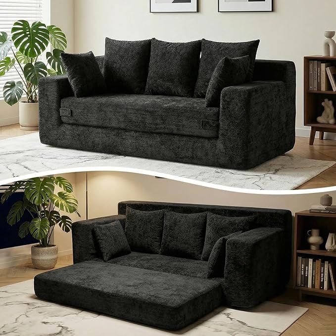 Boneless Couches 70", 3 Seater Boneless Couch with Pull Out Sofa Bed, Black Boneless Couch with 5 Pillows, Plush Velvet Sofa for Living Room & Bedroom