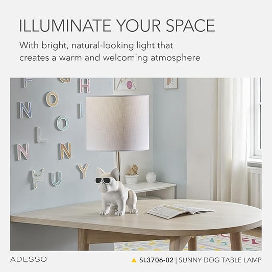 Adesso Sunny Dog Table Lamp – White Ceramic Novelty Lamp for Bedroom and Office Lighting or Living Room Décor, 16” x 8.5”