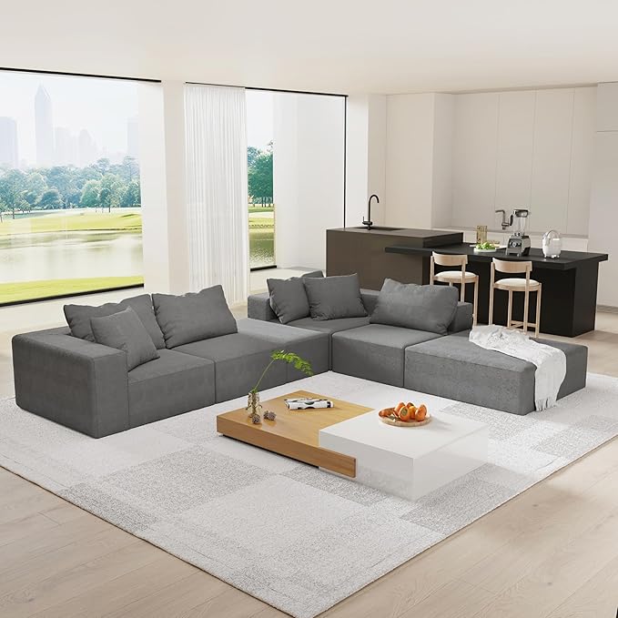 Favfurish Modern Minimalist Upholstered Couch，132" Oversized Modular Floor L-Shaped Sofa Set,with 6 Pillows,for Living Room,Bedroom,Grey（Chenille，6 Seat）