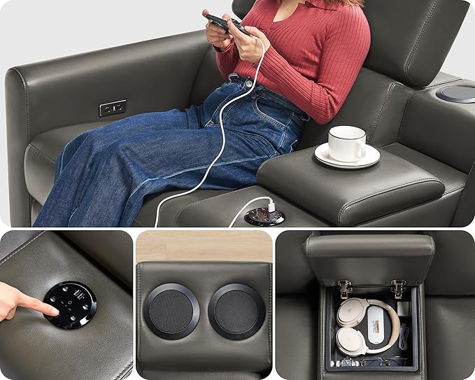 AMERLIFE Power Recliner Sofa, 129 Inch Oversized Reclining Sofa with Console & Speaker, 5 Seats L Shaped Sectional Couch for Living Room, Dark Grey Leather