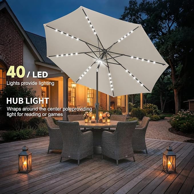 10FT Solar Umbrella Outdoor - Lighted Solar Patio Umbrella with 40 LED Lights Waterprool UV Protection, Table Umbrella with Tilt for Pool, Porch, Garden, Deck, Backyard (Taupe)