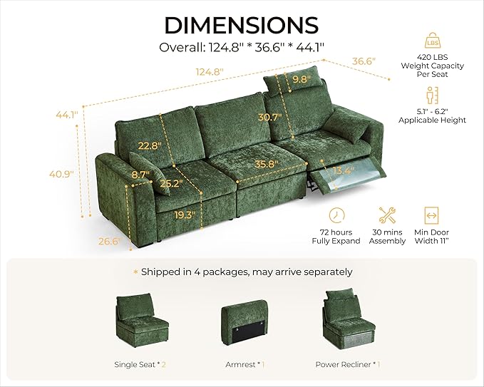 124.8'' Oversized Power Recliner Sofa with Headrest, Extra Wide Deep Modular Cloud Sectional Reclining Couch Wall Hugger, Convertible 3-Seater for RV Home Theater Living Room, Chenille, Green