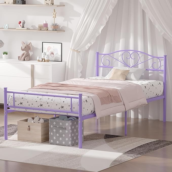VECELO 14 Inch Twin Size Metal Platform Bed Frame with Headboard and Footboard, Heavy Duty Mattress Foundation with Steel Slats Support, No Box Spring Needed, Purple