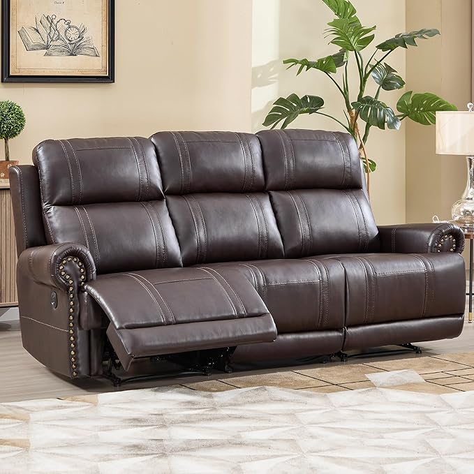 EBELLO Faux Leather Electric Reclining 3 Seat Sofa, Power Recliner Three Seats Sofa Couch with USB and Type-C Charging Ports, Vintage Rivet Design for Small Living Room, Bedroom, Meeting Room, Brown