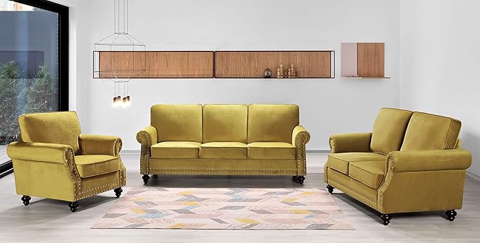 Container Furniture Direct Lotus Mid Century Modern Velvet Upholstered Living Room Rolled Arms, Chair, Loveseat and Sofa, Strong Yellow