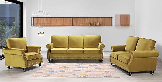 Container Furniture Direct Lotus Mid Century Modern Velvet Upholstered Living Room Rolled Arms, Chair, Loveseat and Sofa, Strong Yellow