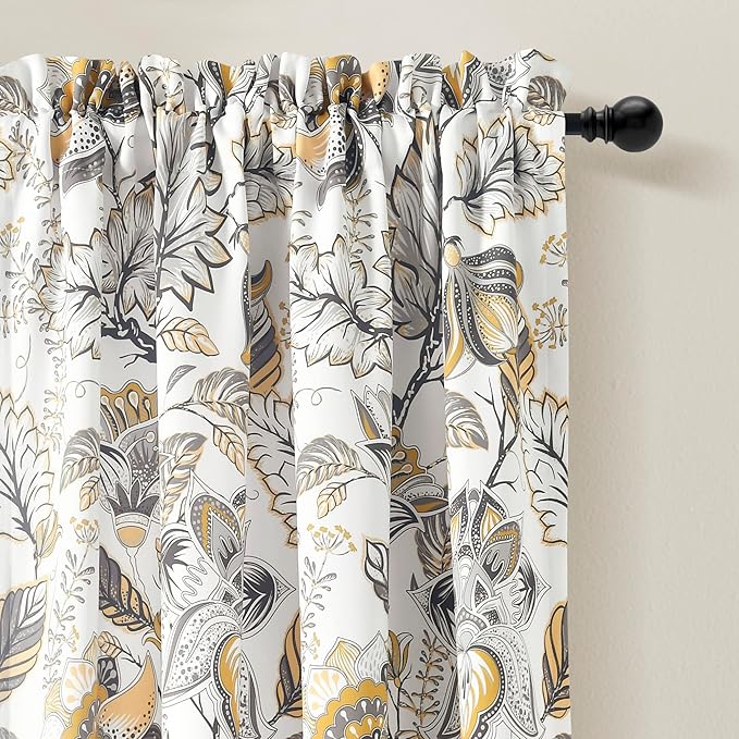 Lush Decor Cynthia Jacobean Light Filtering Window Curtain Panel Pair, 84" L x 52" W, Yellow & Gray