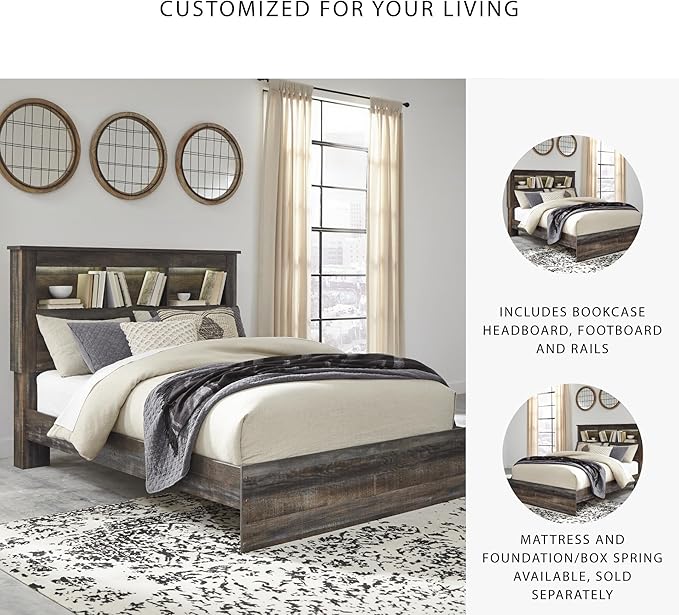 Signature Design by Ashley Drystan Rustic Queen Bookcase Bed with Open Cubbies and LED Lights, Foundation or Box Spring Needed, Dark Brown & Gray