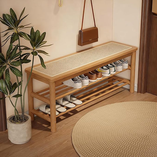 Bamboo Shoe Rack Bench with Rattan Seat, 3-Tier Shoe Storage Bench, Entryway Bench for Hallway,Nature-39.4 inches