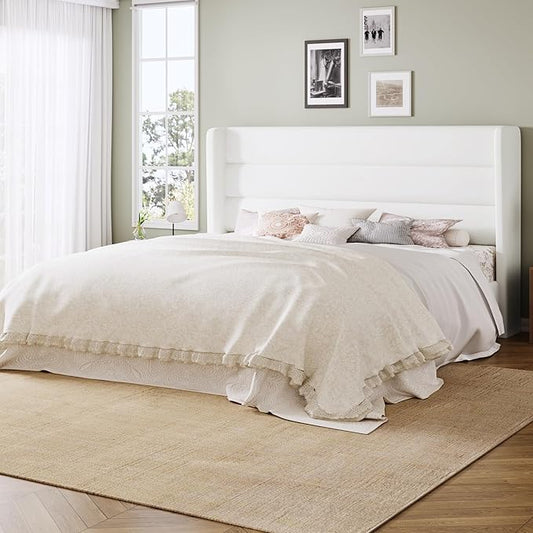 Allewie King Size Platform Bed Frame with Velvet Upholstered Wingback Headboard, No Box Spring Needed, Under Bed Storage Space, Strong Wooden Slats, Modern Mattress Foundation, Easy Assembly, White