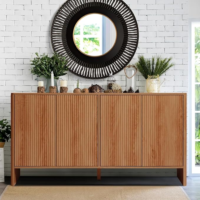 Modern Accent Buffet Cabinet with Adjustable Shelves, Storage Cabinet with 4 Doors, Modern Sideboard Buffet Cabinet, Freestanding Sideboard with Fluted Doors for Kitchen and Living Room (Walnut)