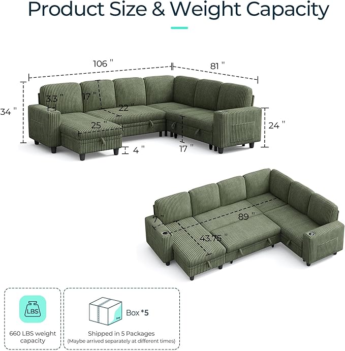 LINSY HOME Sectional Sofa with Pull Out Bed, 6 Seats Corduroy Reversible Sleeper Sofa with Storage Seats & Chaises, USB Ports, Cup Holders, Side Pocket, Sectional Couches for Living Room, Green | Plush corduroy, Pull out sofa bed, Foam, Sturdy frame