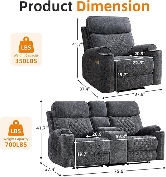 EBELLO Power Reclining Sofa Set, Fabric Electric Recliner Chair and Loveseat Sofa with Cup Holders, USB and Type-C Charging Ports and Storage Space, 3 Seats for Small Living Room, Grey