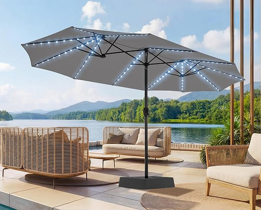 SUPERJARE 15ft Large Patio Umbrella with Base included, Double Sided Outdoor Umbrella with Solar Lights, Pool Umbrella with Fade Resistant Canopy for Deck, Porch, Yard, Balcony, Grey