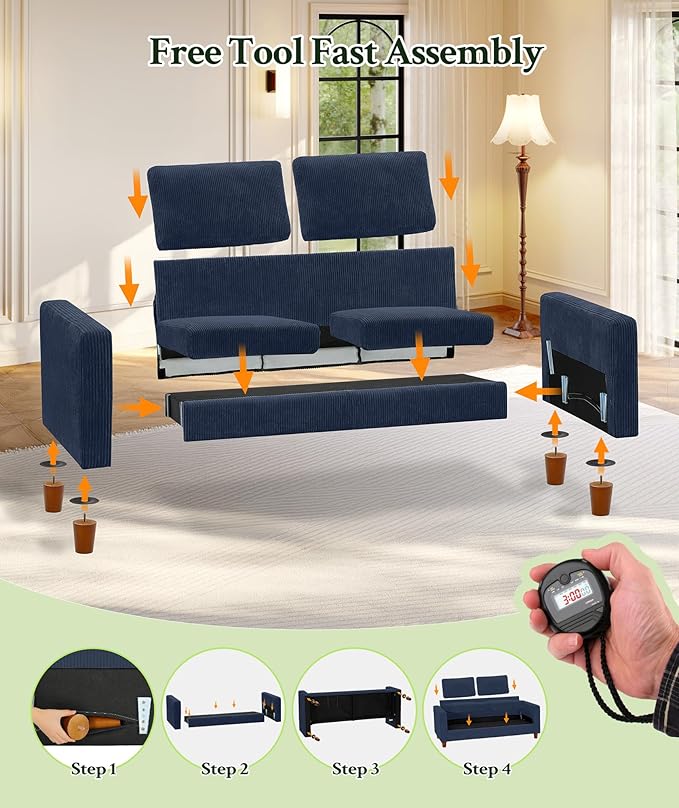 Welzona 70.2" Couches for Living Room, Comfy Blue Couch 7.1" Extra Thick Cushion, Sofas for Living Room Tool-Free Setup, Loveseat Sofa 705lbs Support, Corduroy Couch for Bedroom, Apartment, Office