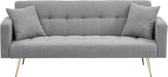 Eafurn Teddy Fleece Folding Sleeper Sofa Bed Convertible Futon Loveseat Couch with 3 Adjustable Backrest, Tufted Recliner Lounge Sofabed Daybed with Golden Metal Legs for Living Room Apartment