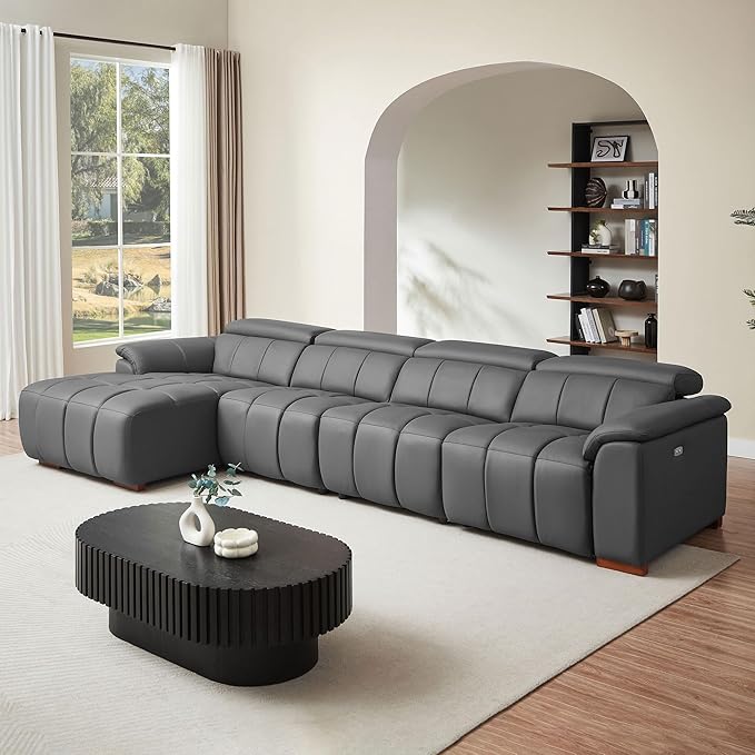 KEIKI 145" L-Shaped Genuine Leather Wall-Hugger Reclining Sofa with Left Chaise, Adjustable Backrest & Footrest, Modern Style Electric Control 4-Seater Couch with USB, for Living Room, Dark Grey