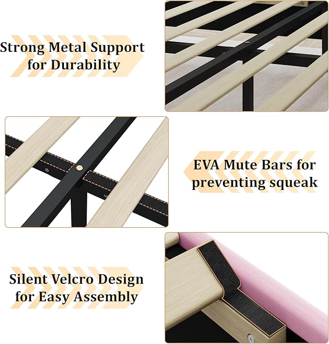 Full Size Bed Frame with Velvet Upholstered Headboard, Platform Bed Frame No Box Spring Needed, Modern Bedframe with Strong Wooden Slats, Pink