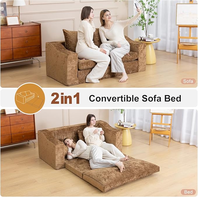61" Convertible Sofa Bed Loveseat, Memory Foam Boneless Floor Couch with Removable Plush Velvet Cover, Tri-folding Compact Full-size Sleeper for Small Living Room, Playroom, Guest Room, RV (Brown) | Convertible Sofa Bed, Premium Memory Foam, Ergonomic ...