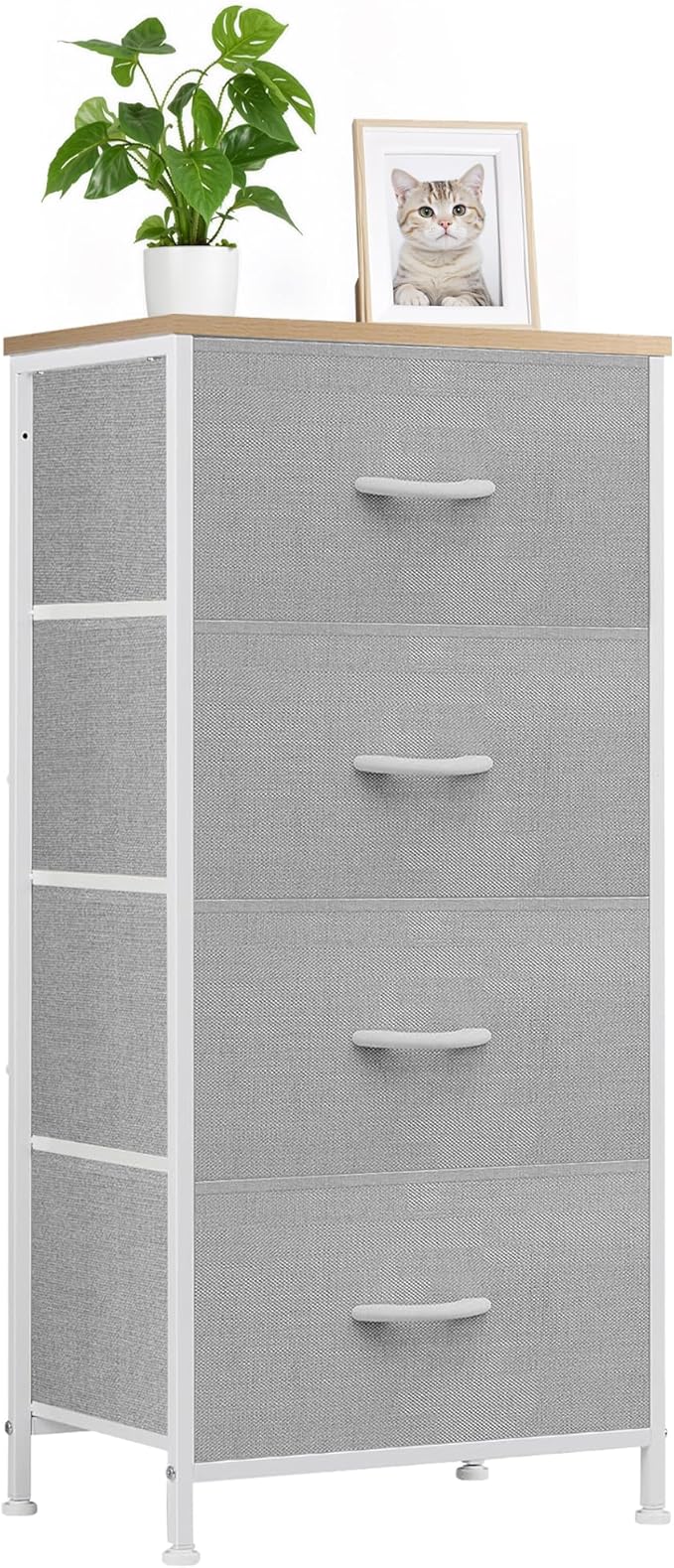 Nightstand with 4 Fabric Drawers, 37.4" H Tall Narrow Bedside Table with Wooden Top Steel Frame for Bedroom, Dorm, Closet, Living Room, Light Grey