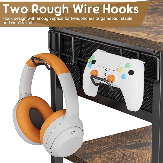 4-Tier AV Media Stand with Drawer, Video Game Console Shelf with 2 Hooks, Audio Rack Tower Perfect for/Xbox/ PS5/Switch/Game Consoles/DVD/Record Player/Projector/Sky Box/TV Accessories