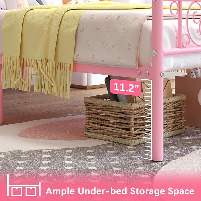 Weehom Twin Bed Frames Metal Platform Heavy Duty Steel Slat Under Bed Storage for Kids Pink