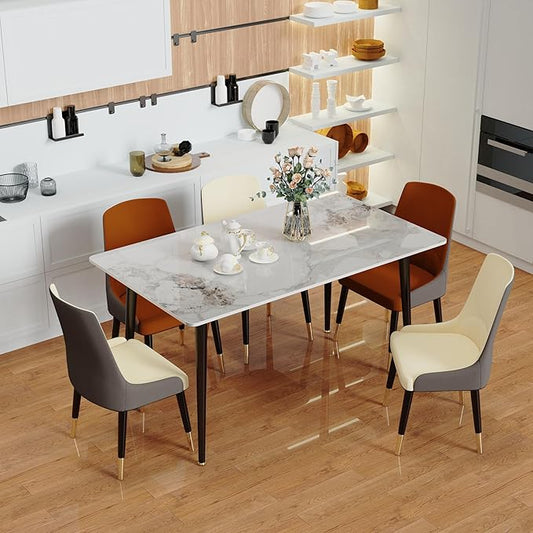 Wisfor Sintered Stone Dining Table: 47.2x27.5 Inch White Kitchen Table with Metal Legs - 6-Seat Breakfast Table for Dining Room, Restaurant (No Chairs)