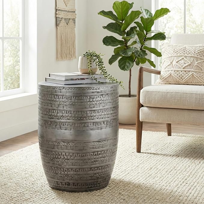SIMPLIHOME Johnsen Tribal Accent Table – 15 inch Wide Round Metal Drum Side Table in Distressed Nickel, Boho Industrial Accent Table for Living Room with Embossed Tribal Pattern, Assembled