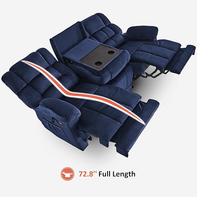 MCombo Zero Gravity Power Recliner Sofa with Drop Down Table, Heat and Vibration Massage, 3 Seater Dual Reclining Couch with USB Ports, Cup Holders for Living Room, Fabric RS6236 (Navy Blue)