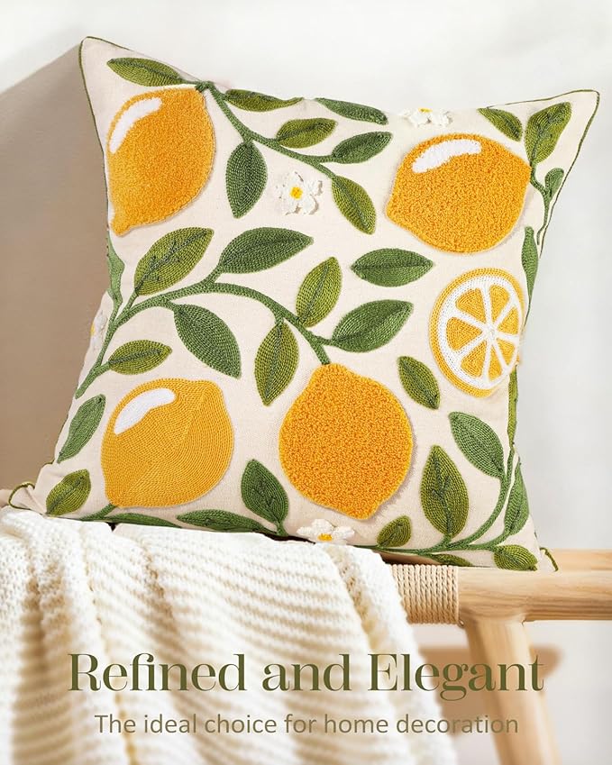 Embroidered Throw Pillow Cover - 18x18 Decorative Pillow Cover with Zipper Aesthetic Cute Design Boho Spring Summer Throw Pillowcase for Living Room Couch Sofa Bed, Branch Lemon