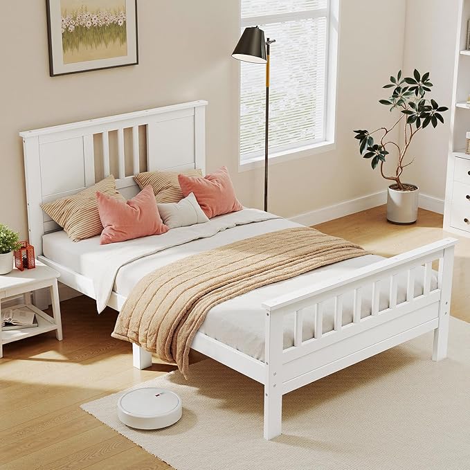 DUMOS Metal Platform Bed Frame - Twin Size Mattress Foundation with Headboard and and Footboard, No Box Spring Needed with 350LBS Sturdy Wooden Slats Support, Noise Free, White