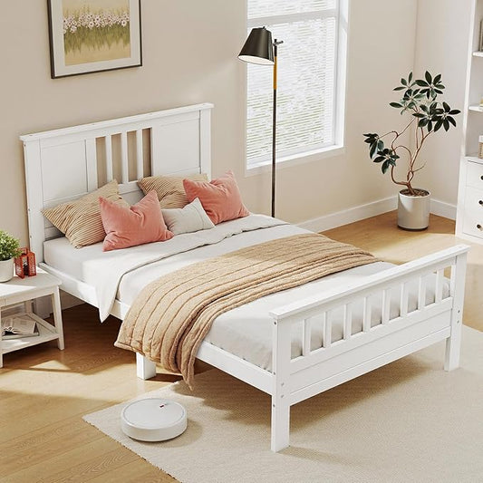 DUMOS Metal Platform Bed Frame - Twin Size Mattress Foundation with Headboard and and Footboard, No Box Spring Needed with 350LBS Sturdy Wooden Slats Support, Noise Free, White