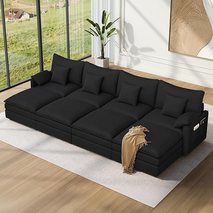 Vesgantti 142" Oversized Sectional Sofa Bed, 8-Seater Modular Sleeper Cloud Couch with Movable Ottoman, Corduroy Convertible Sofa Set Deep Seat Couches for Living Room, Bedroom and Apartment, Black | Sink-in Comfort, Height Adjustable, Easy Rearrangeme...