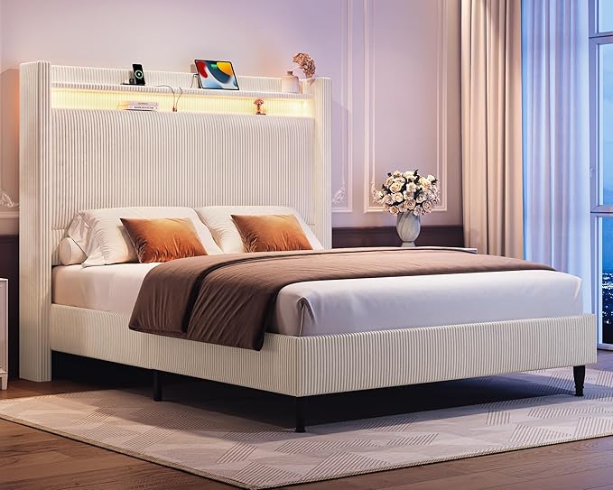 Full Size Bed Frame with Tall Headboard, 55.3" Corduroy Upholstered Platform Bedframe with LED Lights & Charging Station, Cream Full Beds, Wingback Storage Headboard, No Box Spring Needed, Wood Slats